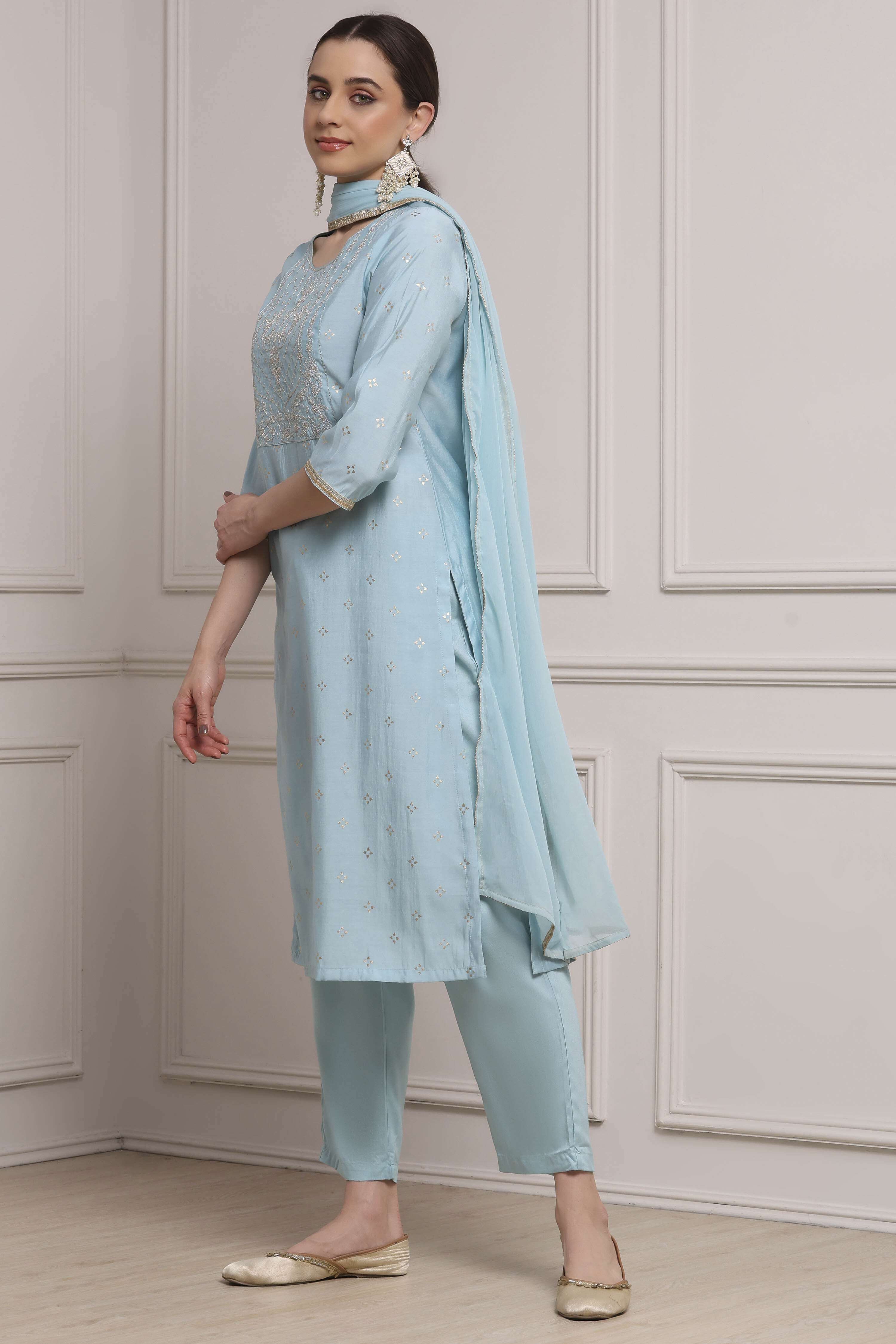 Aqua Viscose Blend Printed Straight Suit Set image number 3
