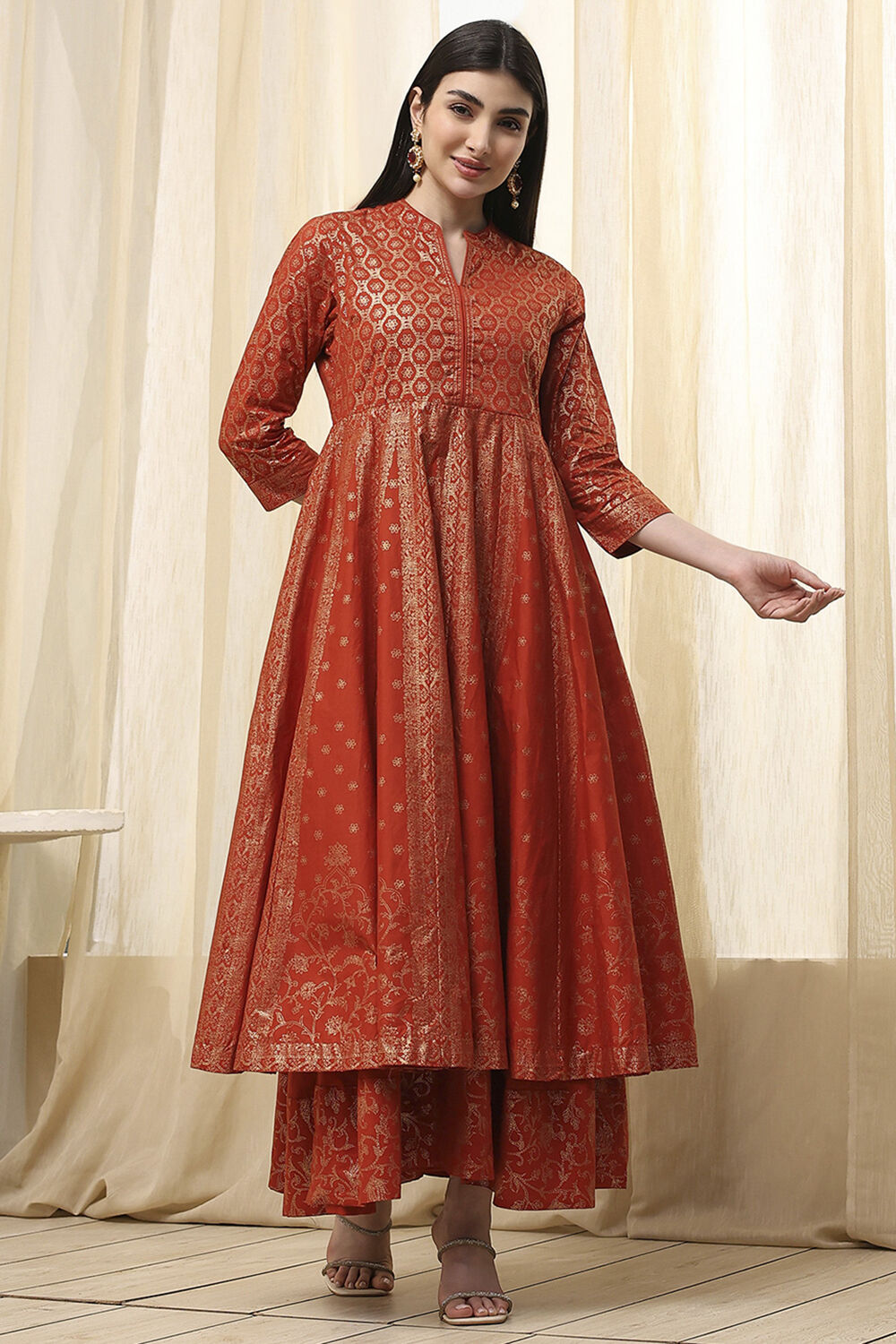 Terracotta Cotton Layered Anarkali Dress image number 4