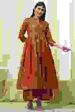 Terracotta Cotton Layered Anarkali Dress image number 4