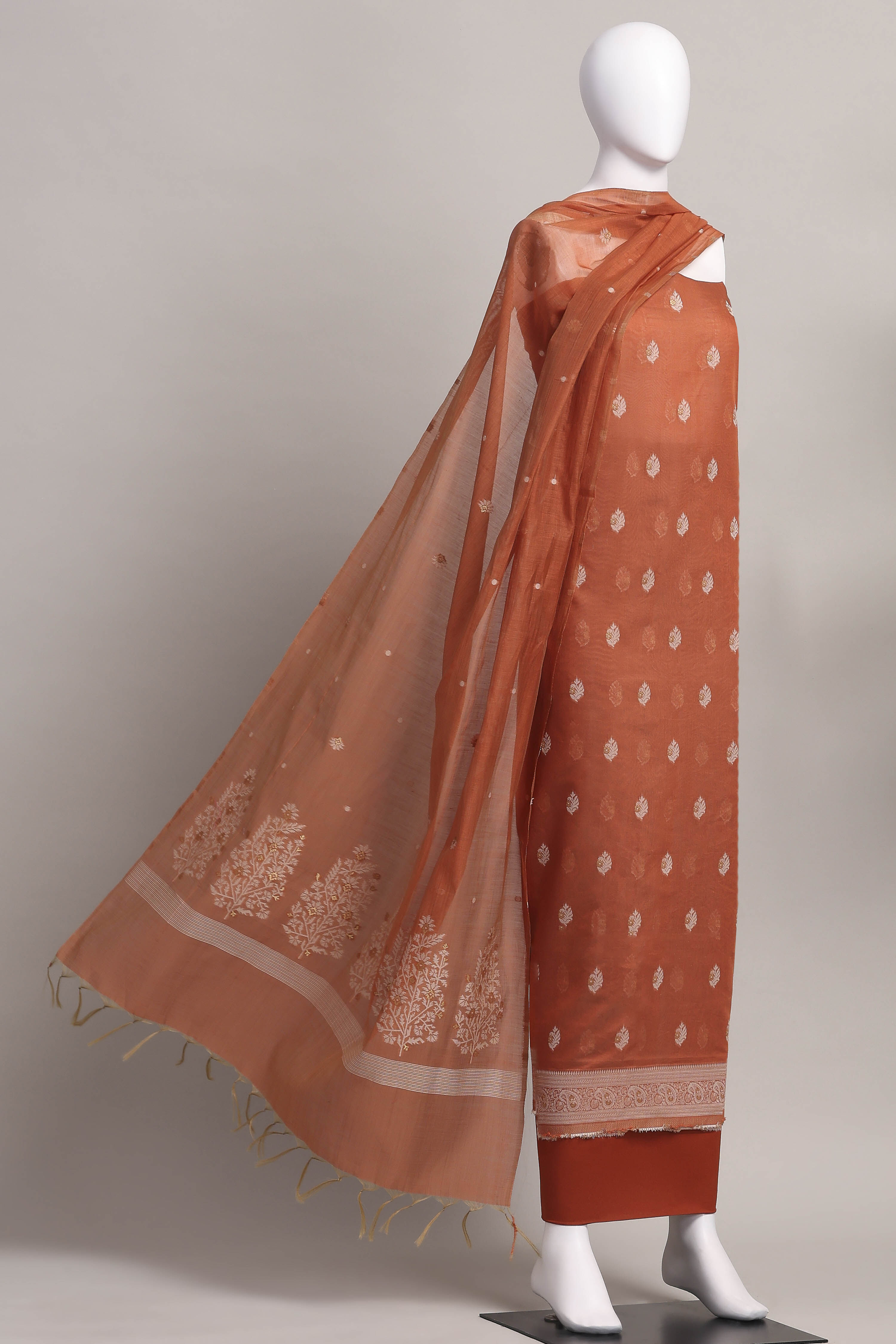 Rust Cotton Jamdani Unstitched Suit Set image number 4