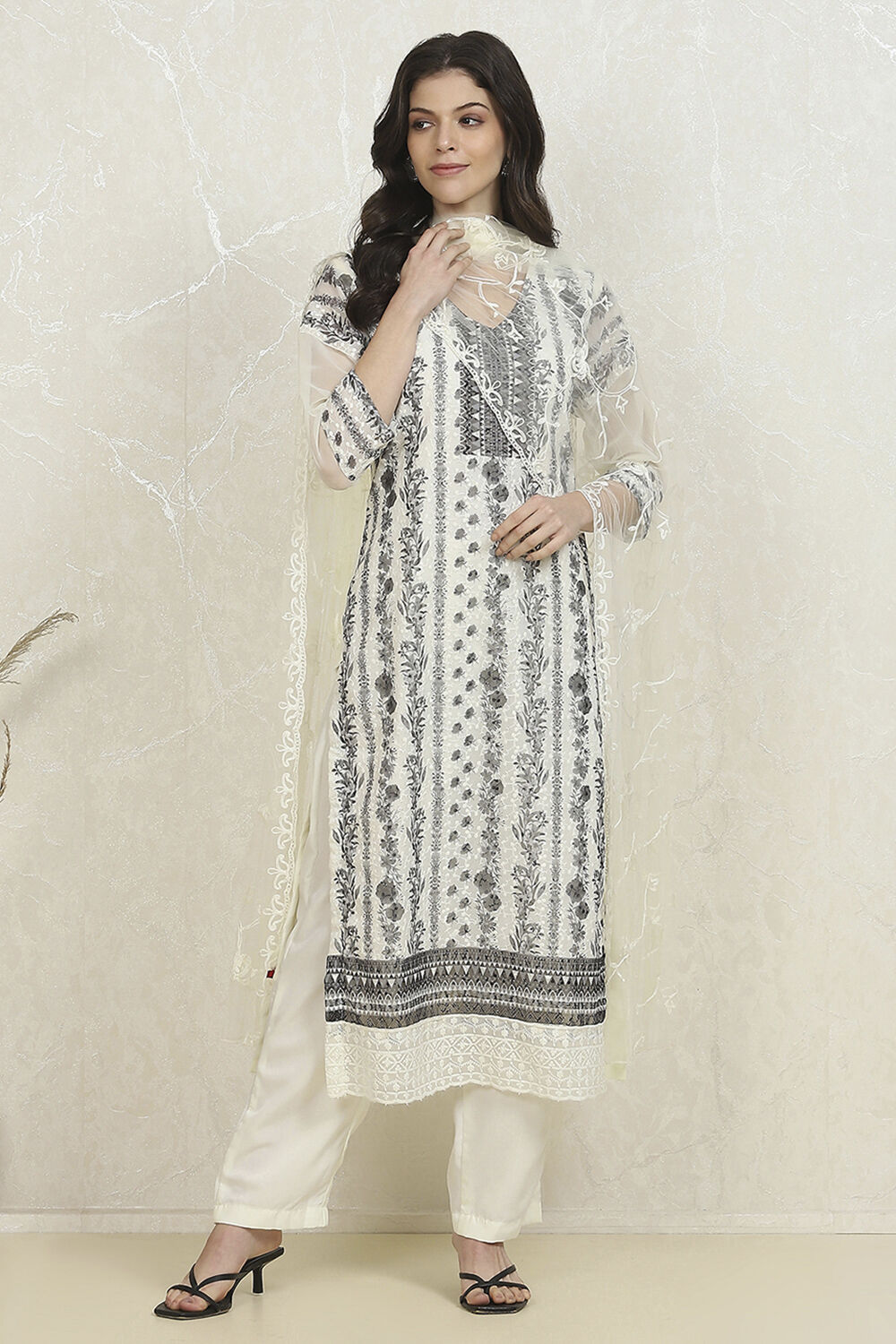 White-Black Georgette Printed Unstitched Suit Set image number 1