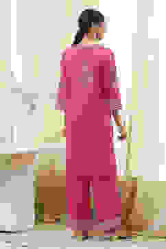 Fuchsia Cotton Silk Straight Suit Set image number 4