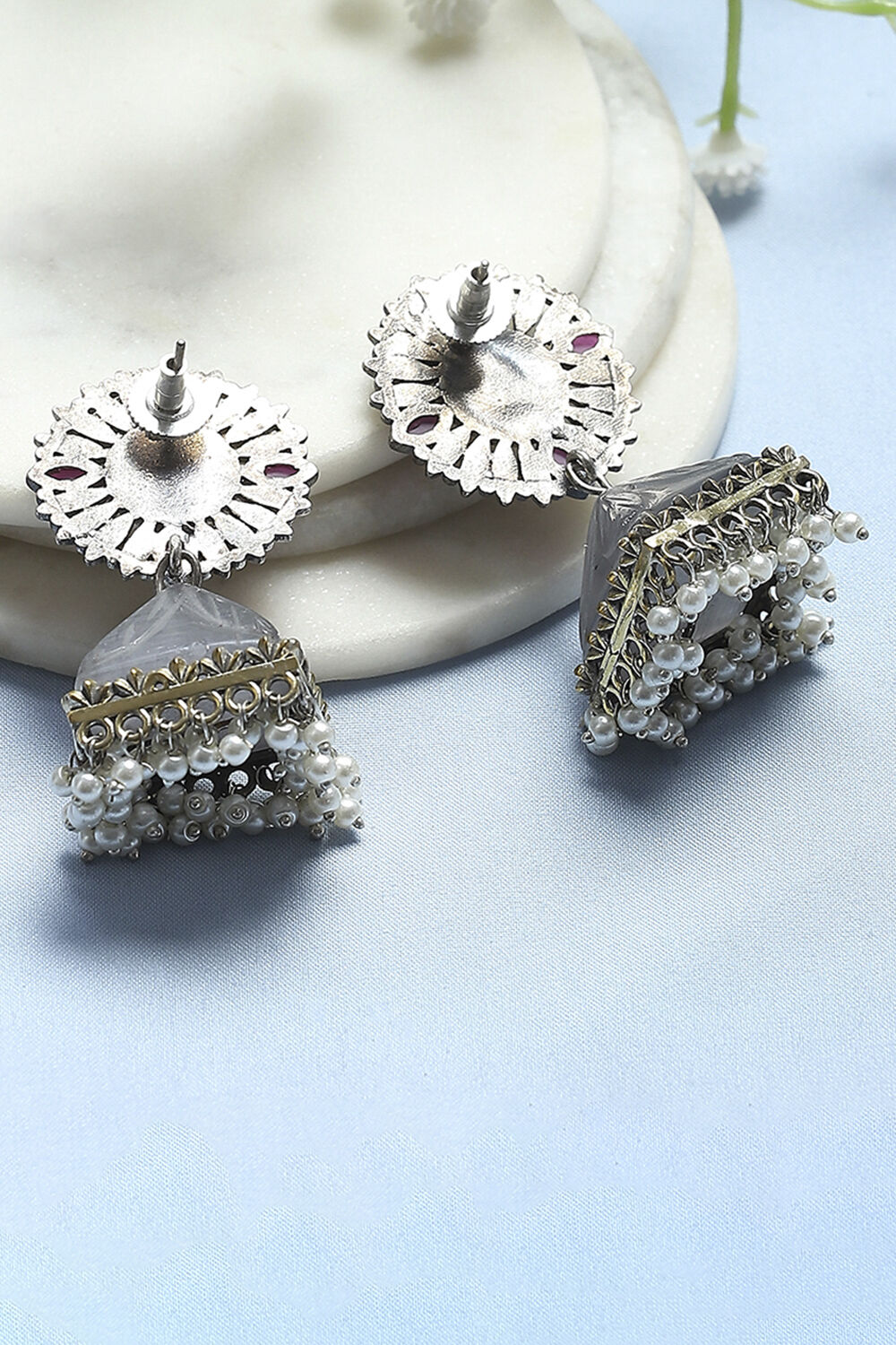 Pink Grey Brass Jhumka image number 2