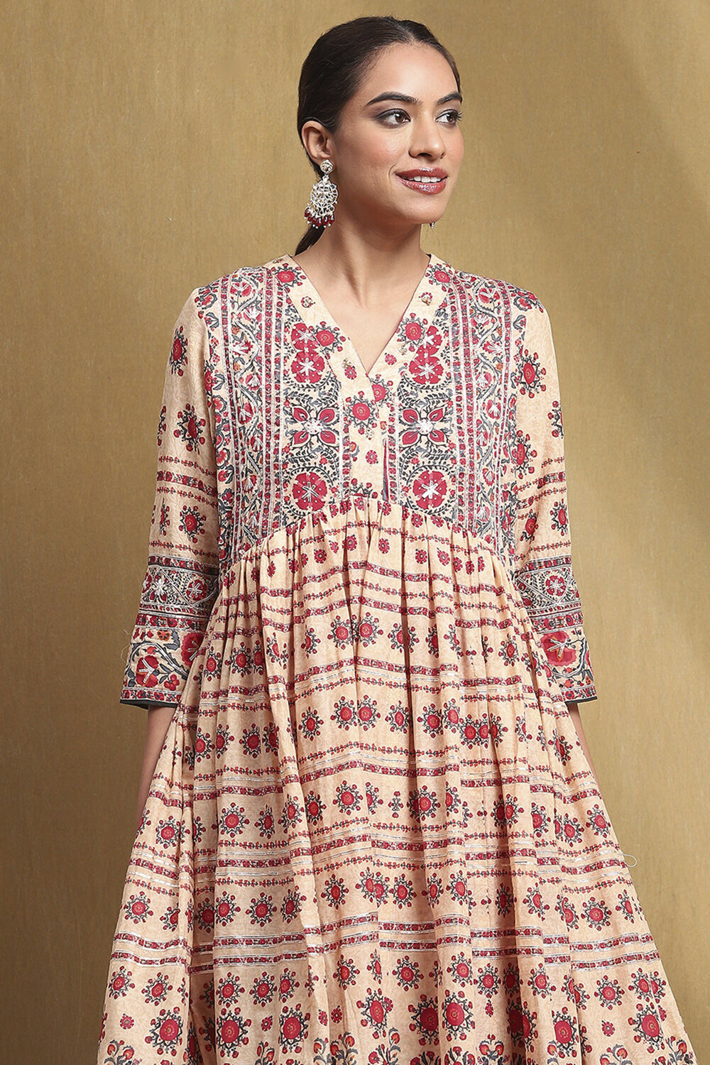 Beige and Red Cotton Anarkali Suit Set image number 1