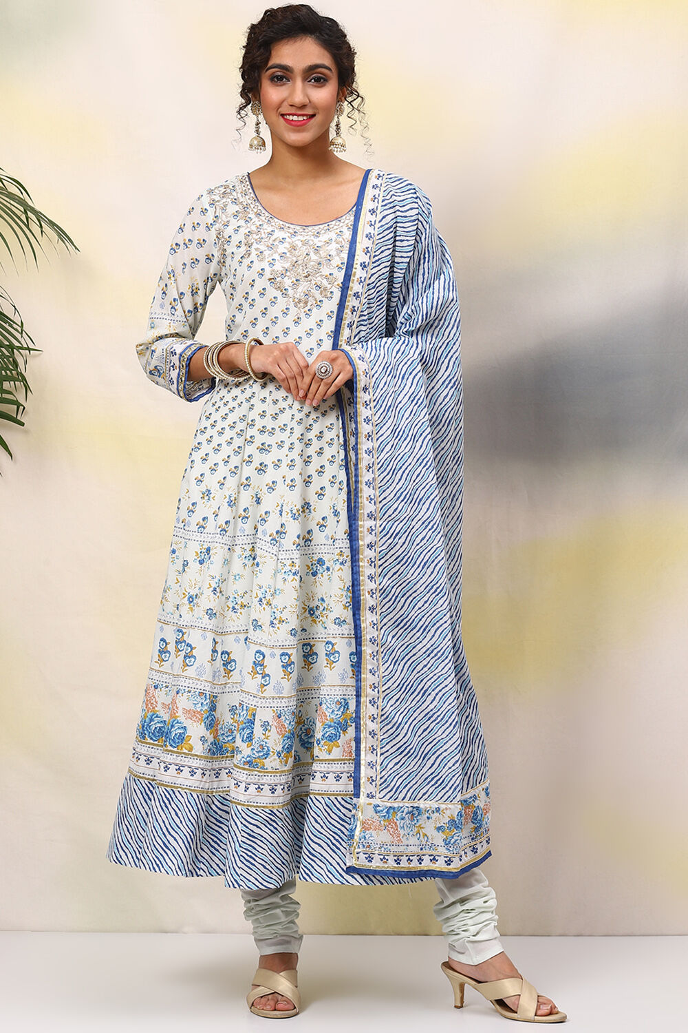 Ivory Cotton Anarkali Kurta Churidar Suit Set image number 0