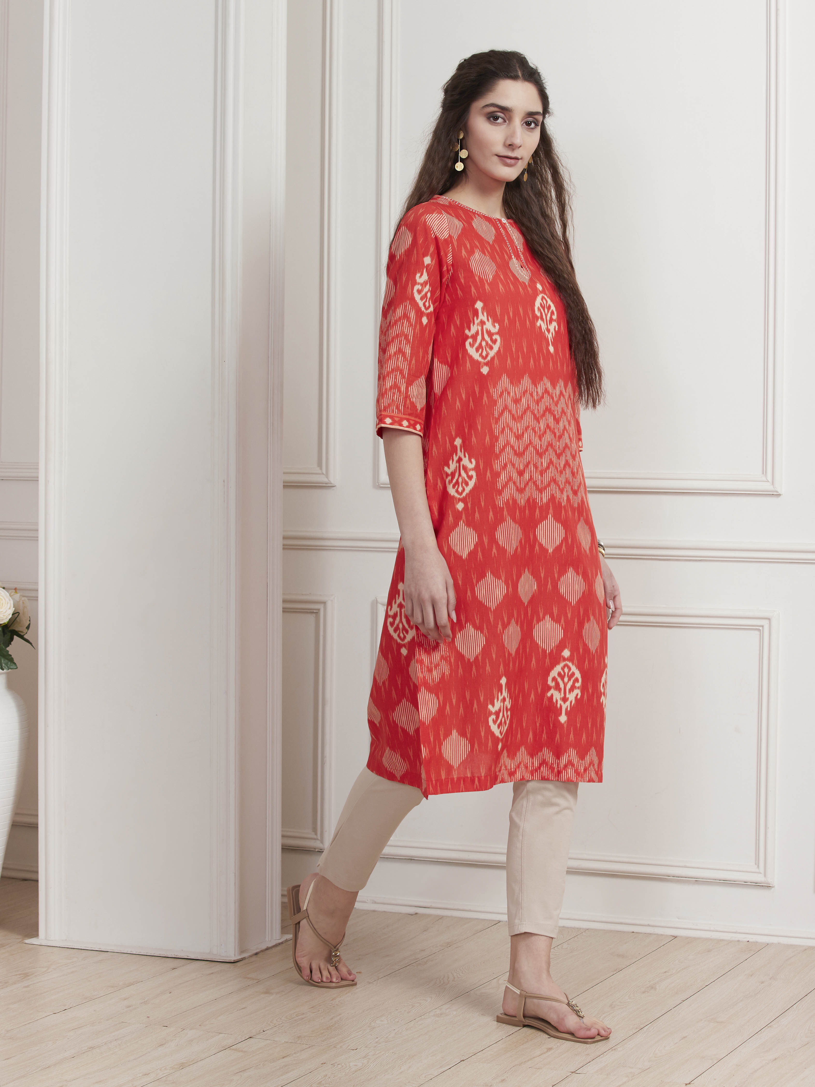 Orange Cotton Printed Straight Kurta image number 4