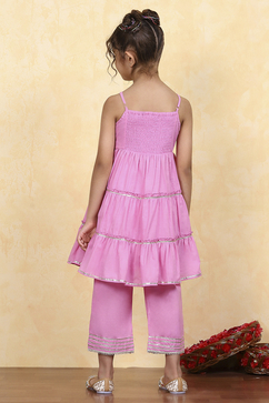 Pink Cotton Dyed Tiered Kurta Pants Set image number 4