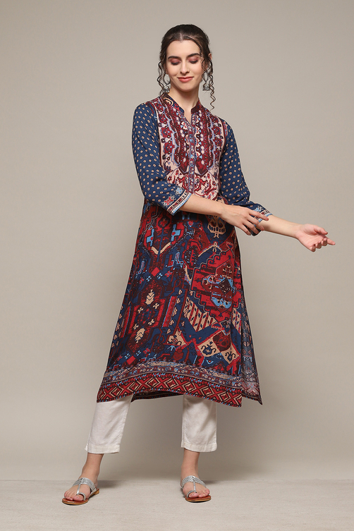 Teal LIVA Straight Printed Kurta image number 0