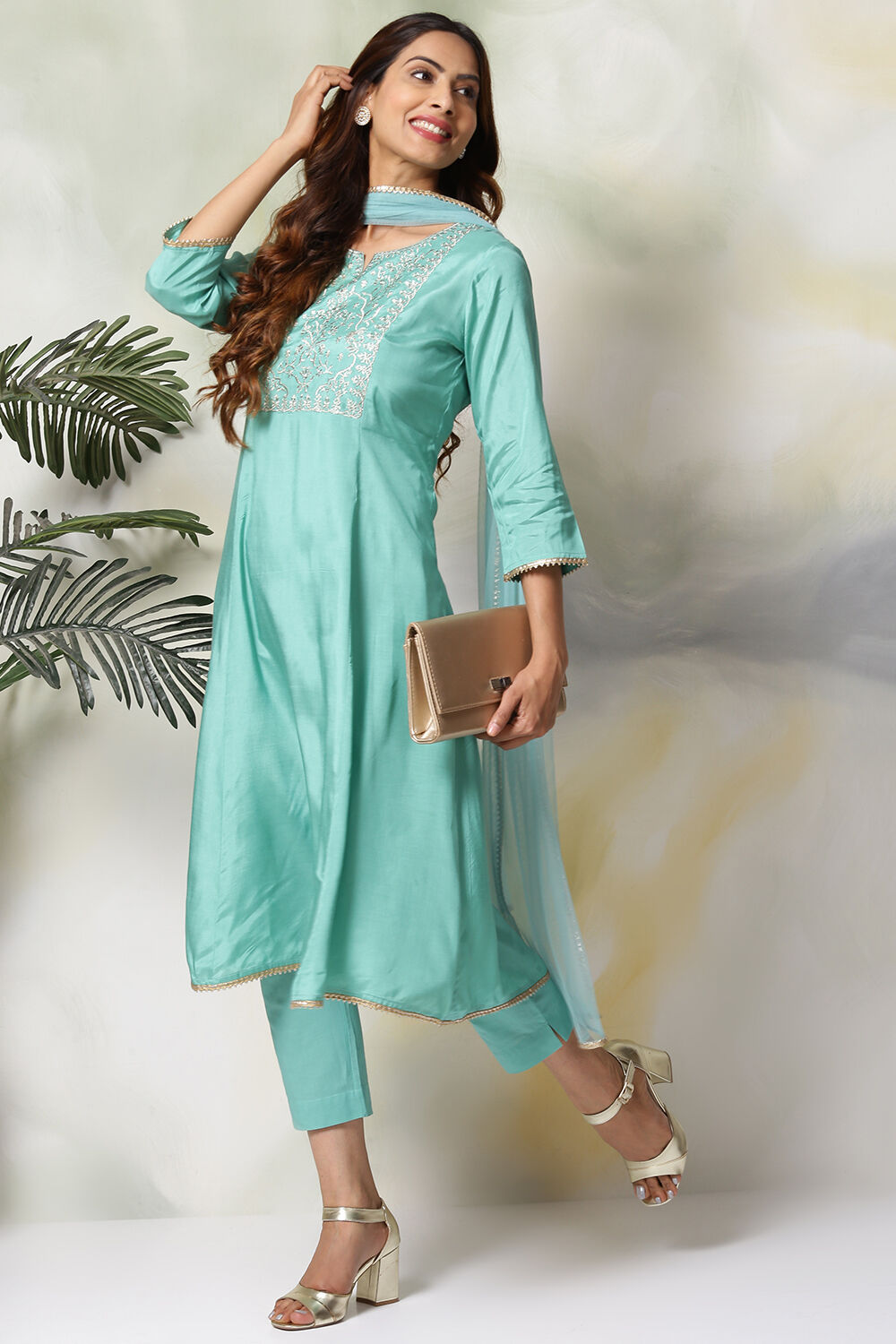 Mustard Viscose Kalidar Kurta Slim Pant Suit Set image number 6