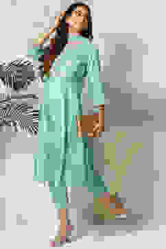Sea Green Viscose Kalidar Kurta Slim Pant Suit Set image number 6
