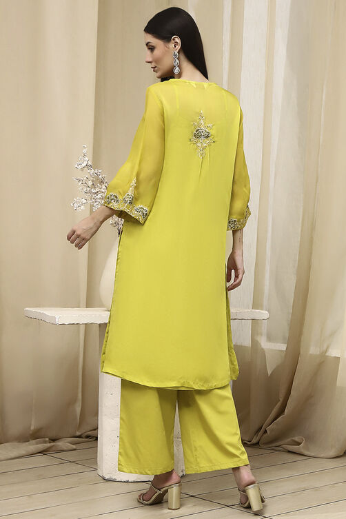 Lime Green Embroidered Straight Suit Set image number 4