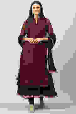 Wine Art Silk Layered Kurta Churidar Suit Set image number 0