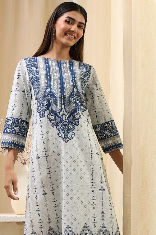 Blue Cotton Printed Straight Kurta image number 6
