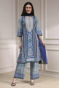 Blue Cotton Printed Straight Suit Set image number 6
