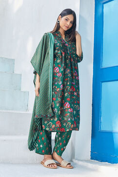 Green Poly Cotton Layered Kurta Narrow Palazzo Suit Set image number 0