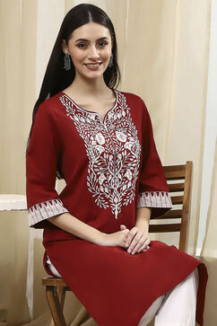 Maroon Cotton Dyed Straight Kurta image number 0