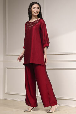 Red Self-Designed Straight Kurta Set image number 3
