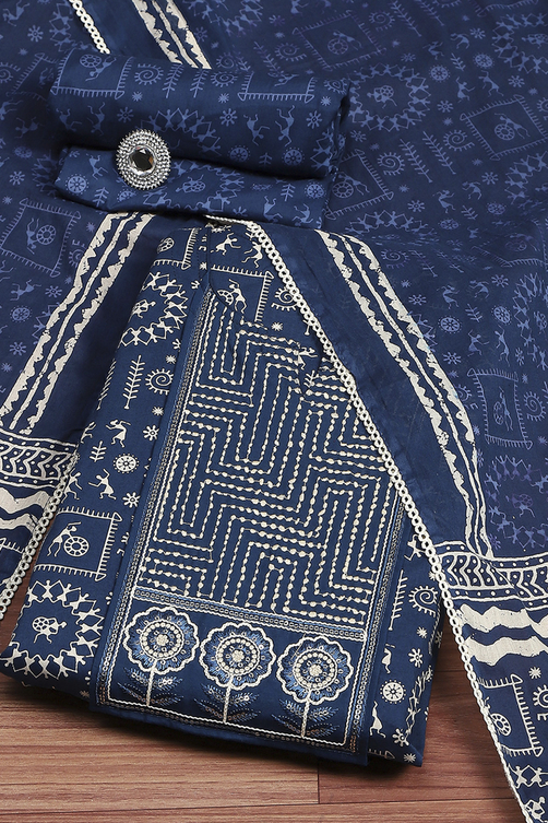 Red Cotton Printed Embroidered Unstitched Suit Set image number 0