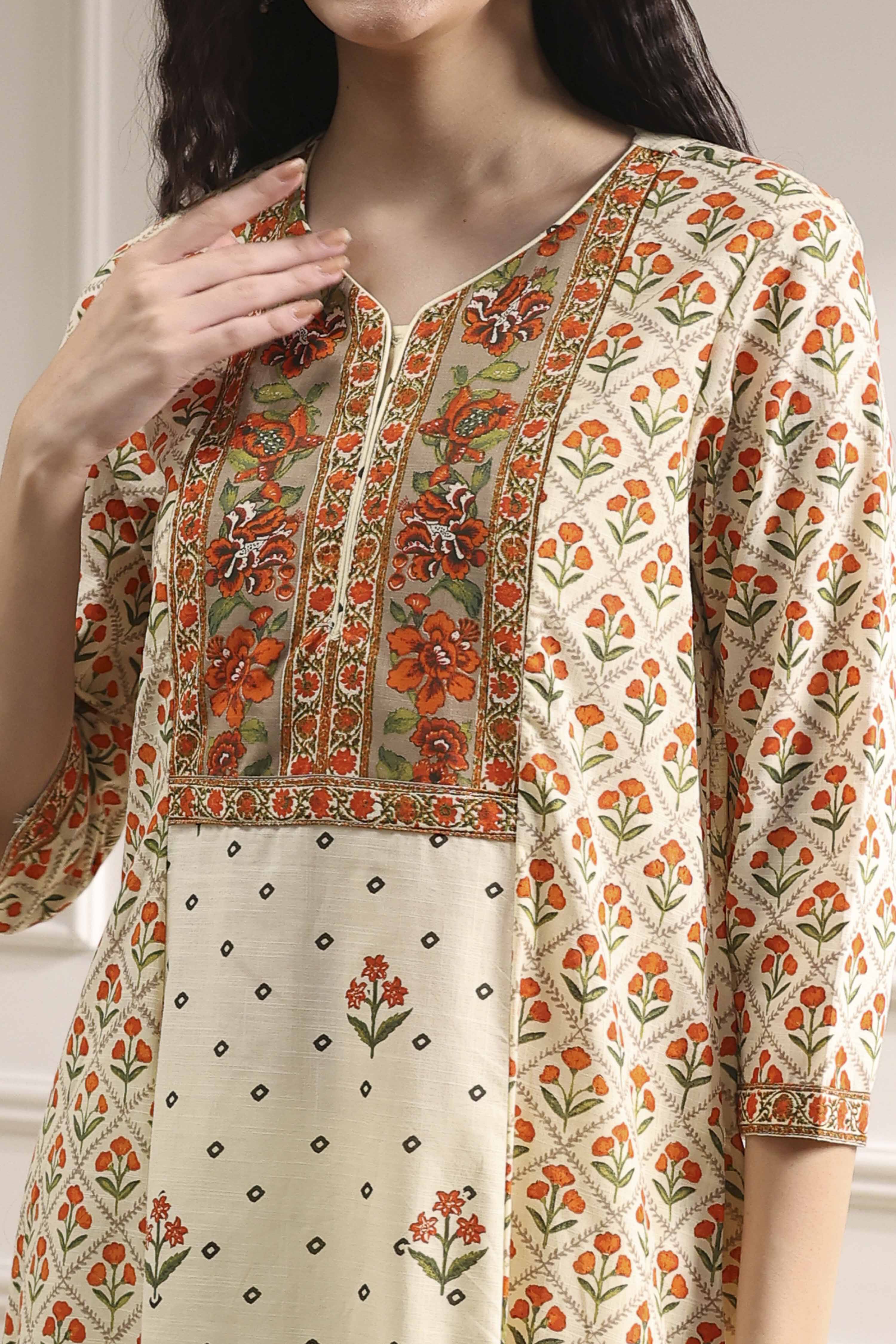 Beige Cotton Printed A-Line Suit Set image number 1