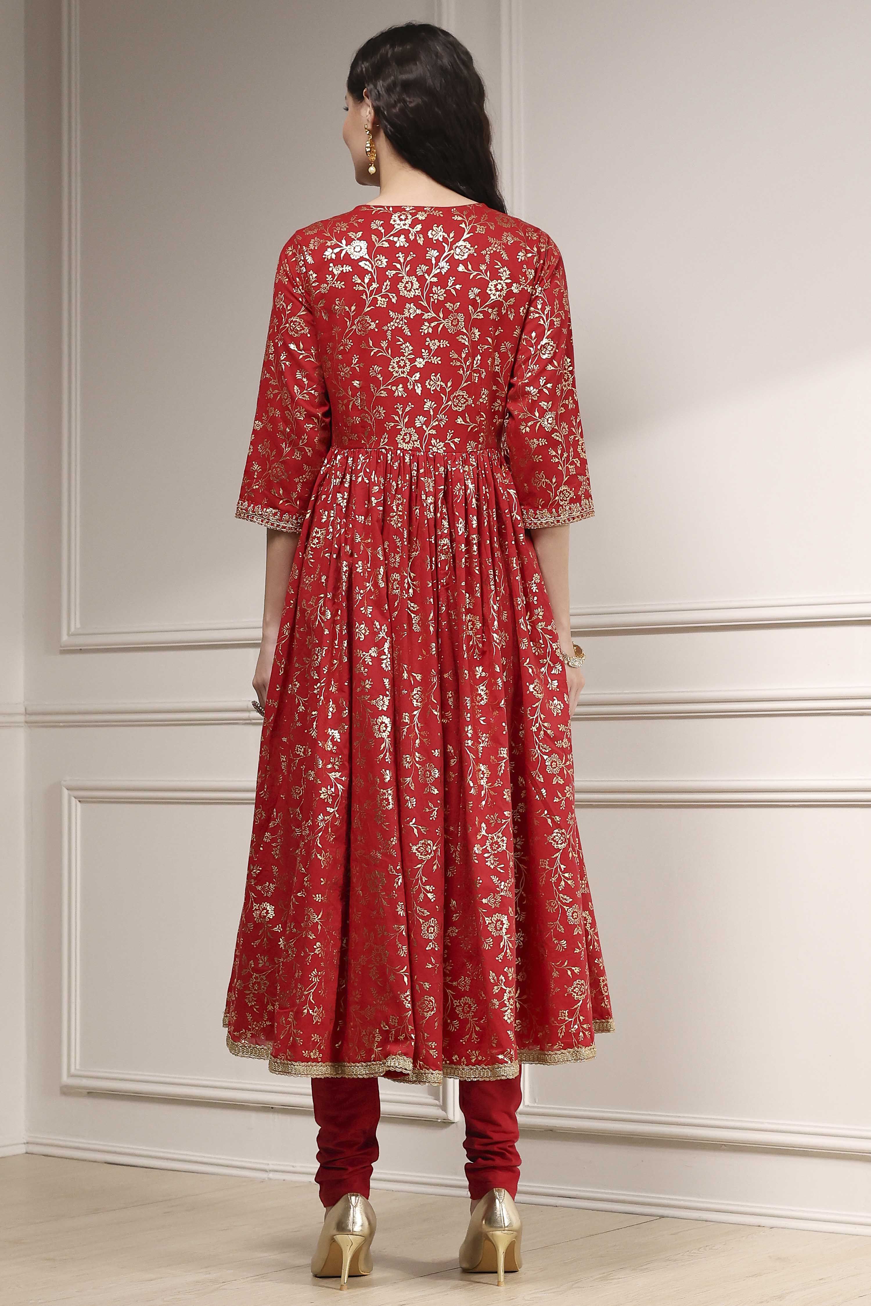 Red Cotton Foil Printed Anarkali Suit Set image number 4