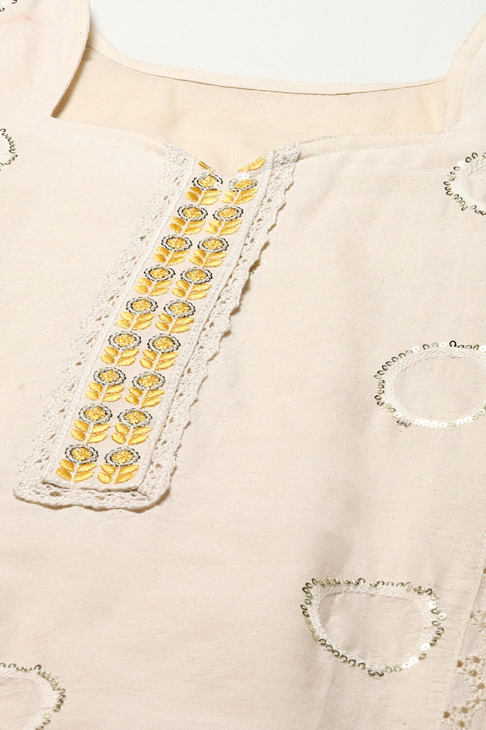 Off White Cotton Schiffly Unstitched Suit Set image number 2