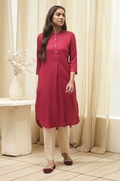 Cherry Red Rayon Straight Kurta Palazzo Suit Set image number 6