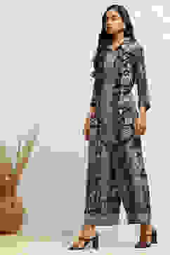 Black Viscose Rayon Straight Printed Kurta Pants Set image number 3