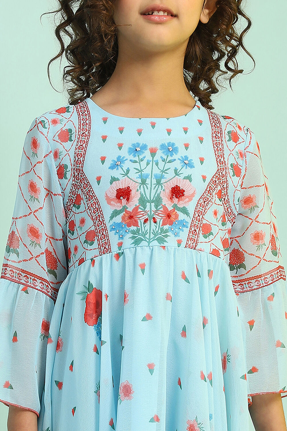 Sky Blue Printed Gathered Asymmetric Dress image number 1