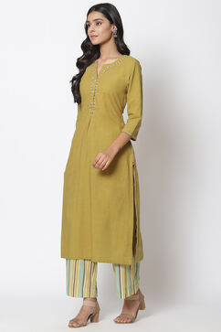 Olive Green Viscose Straight Kurta Palazzo Suit Set image number 3