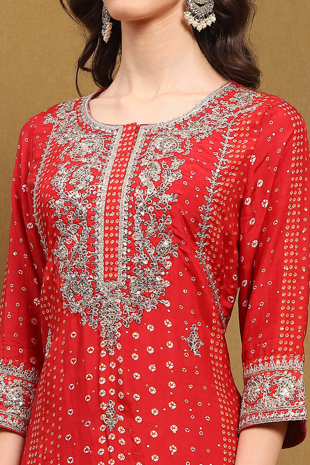 Red Modal Printed Festive Straight Suit Set image number 1