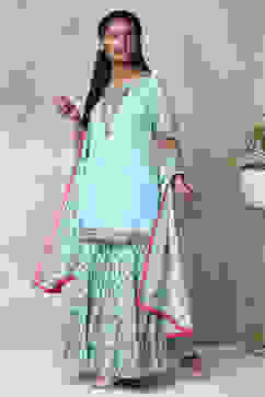 Turquoise Art Silk Kurta Garara Suit Set image number 0