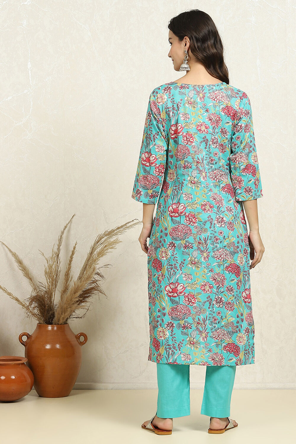 Green Cotton Floral Unstitched Suit Set image number 5