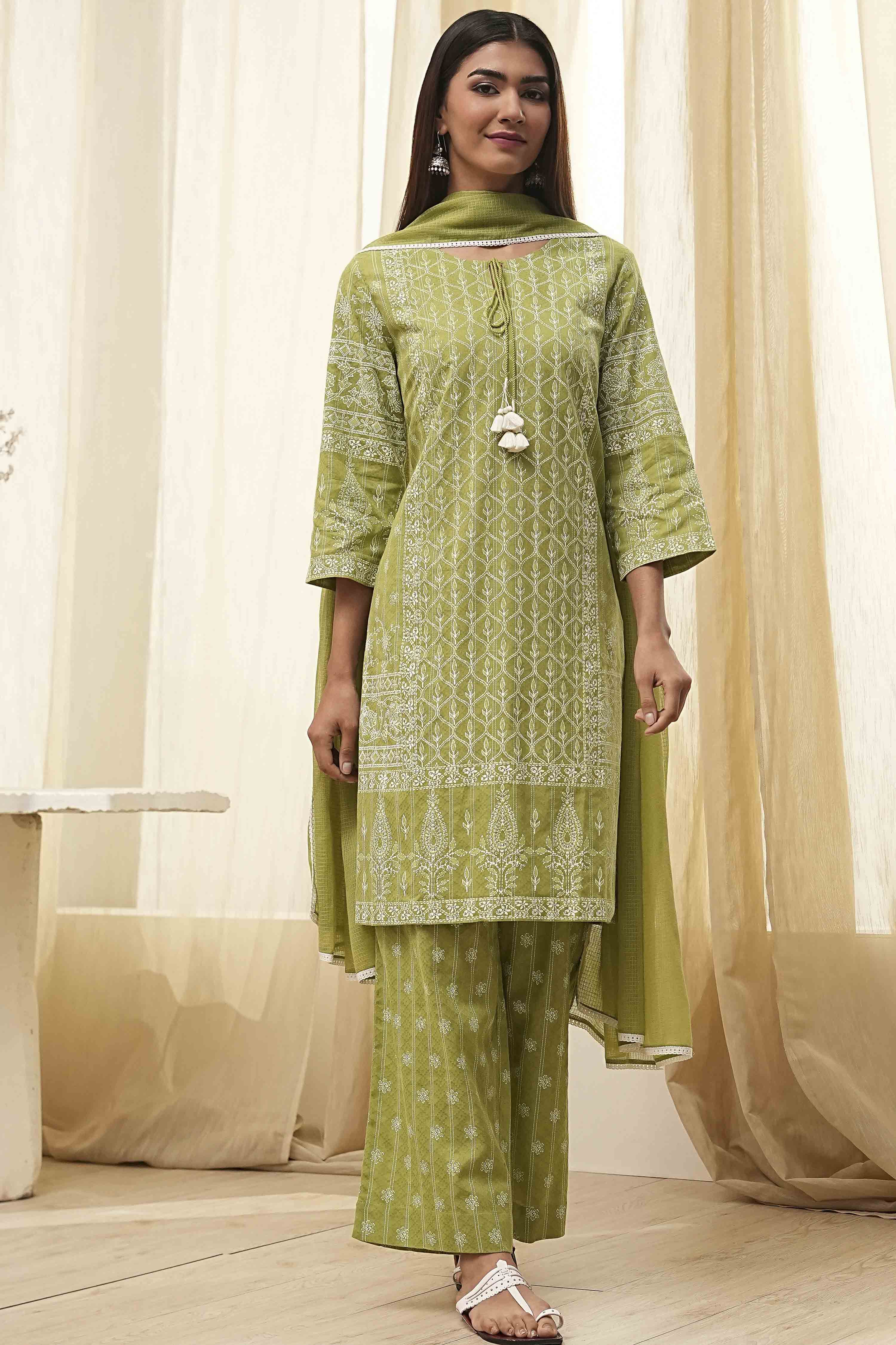 Mehendi Green Cotton Printed Straight Suit Set image number 6