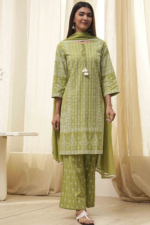 Mehendi Green Cotton Printed Straight Suit Set image number 6
