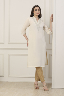 White Cotton Floral Thread Work Straight Kurta