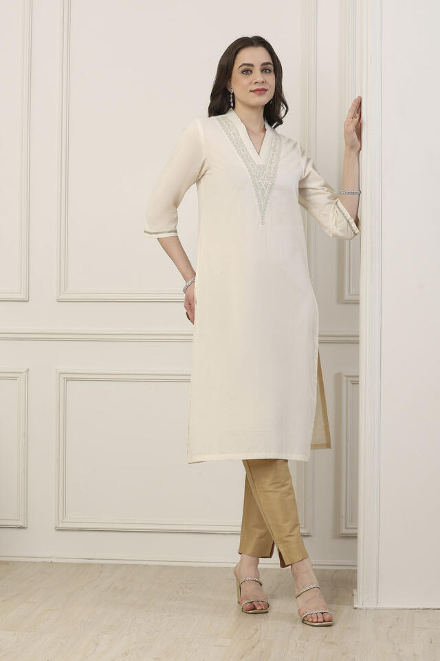 BIBA White Cotton Straight Kurta in Off White