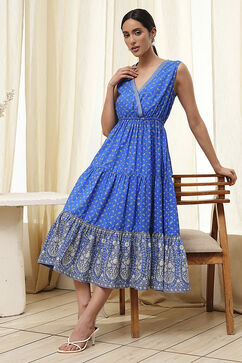 Blue Cotton Printed Tiered Dress image number 6