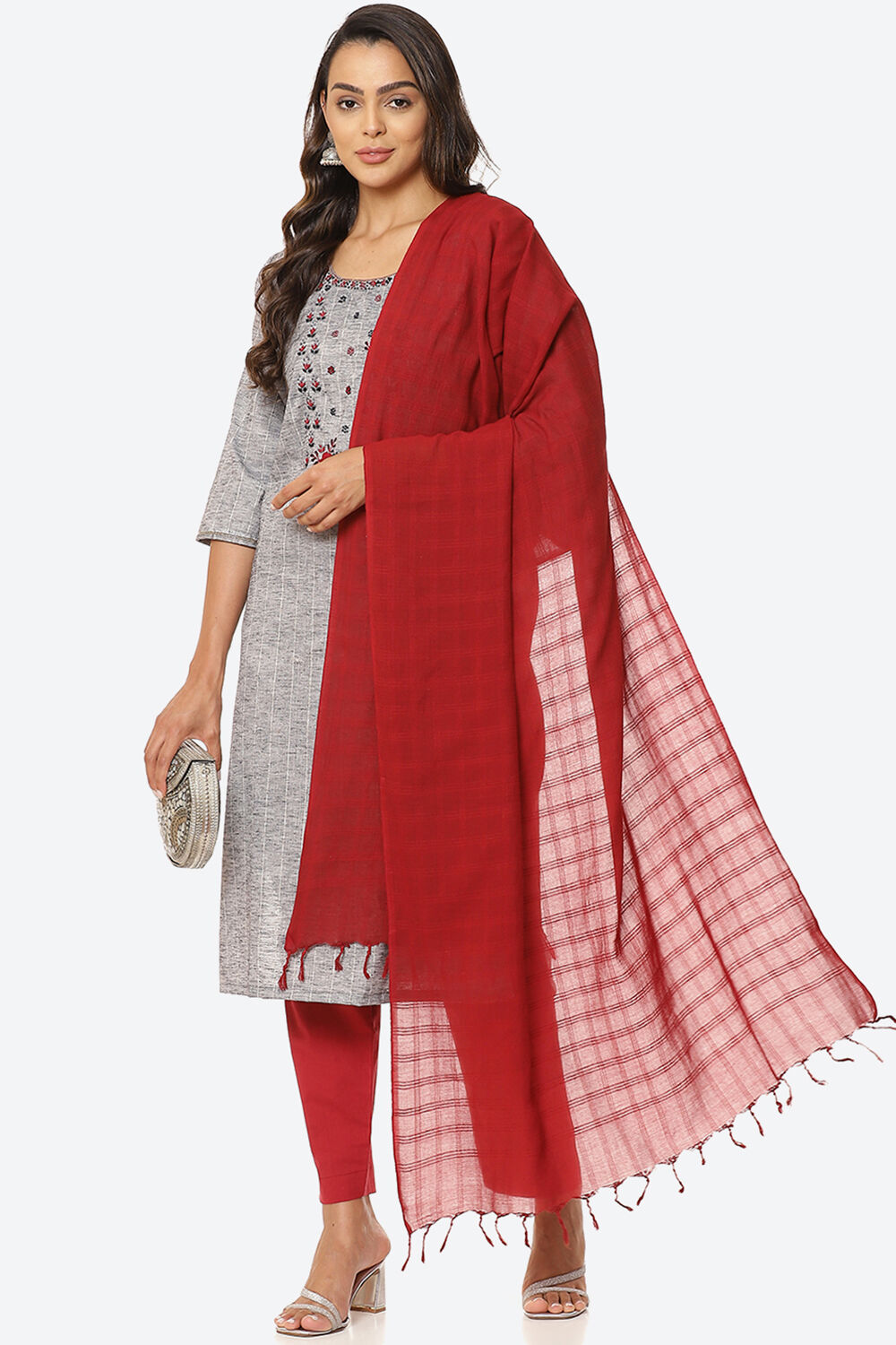 Grey Cotton Unstitched Suit Set image number 7