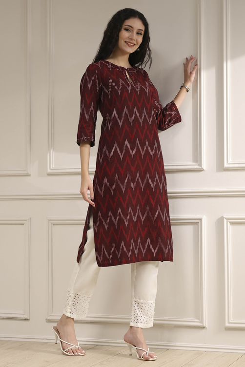 Maroon Cotton Ikat Straight Kurta image number 4