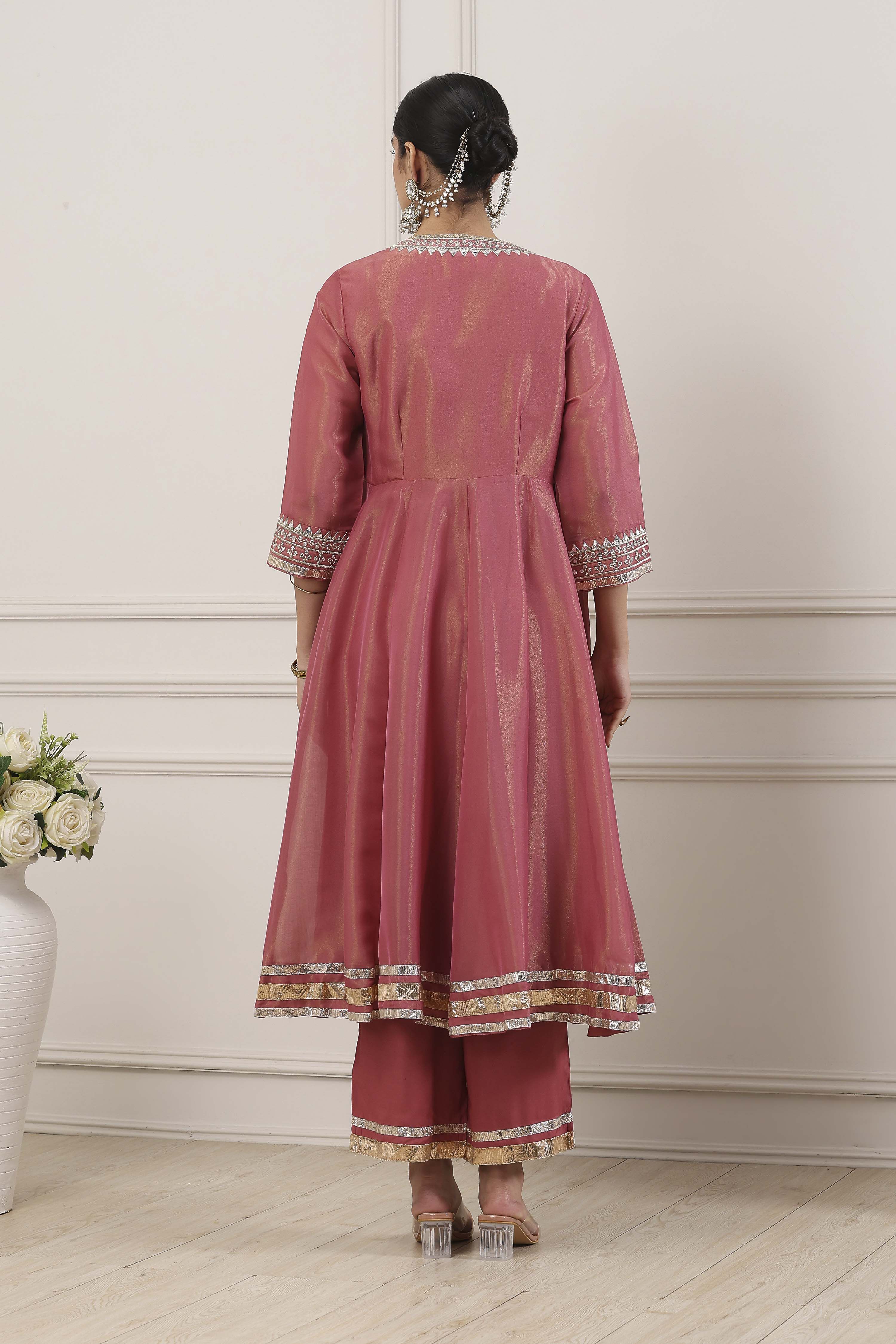 Pink Poly Tissue Anarkali Suit Set image number 4