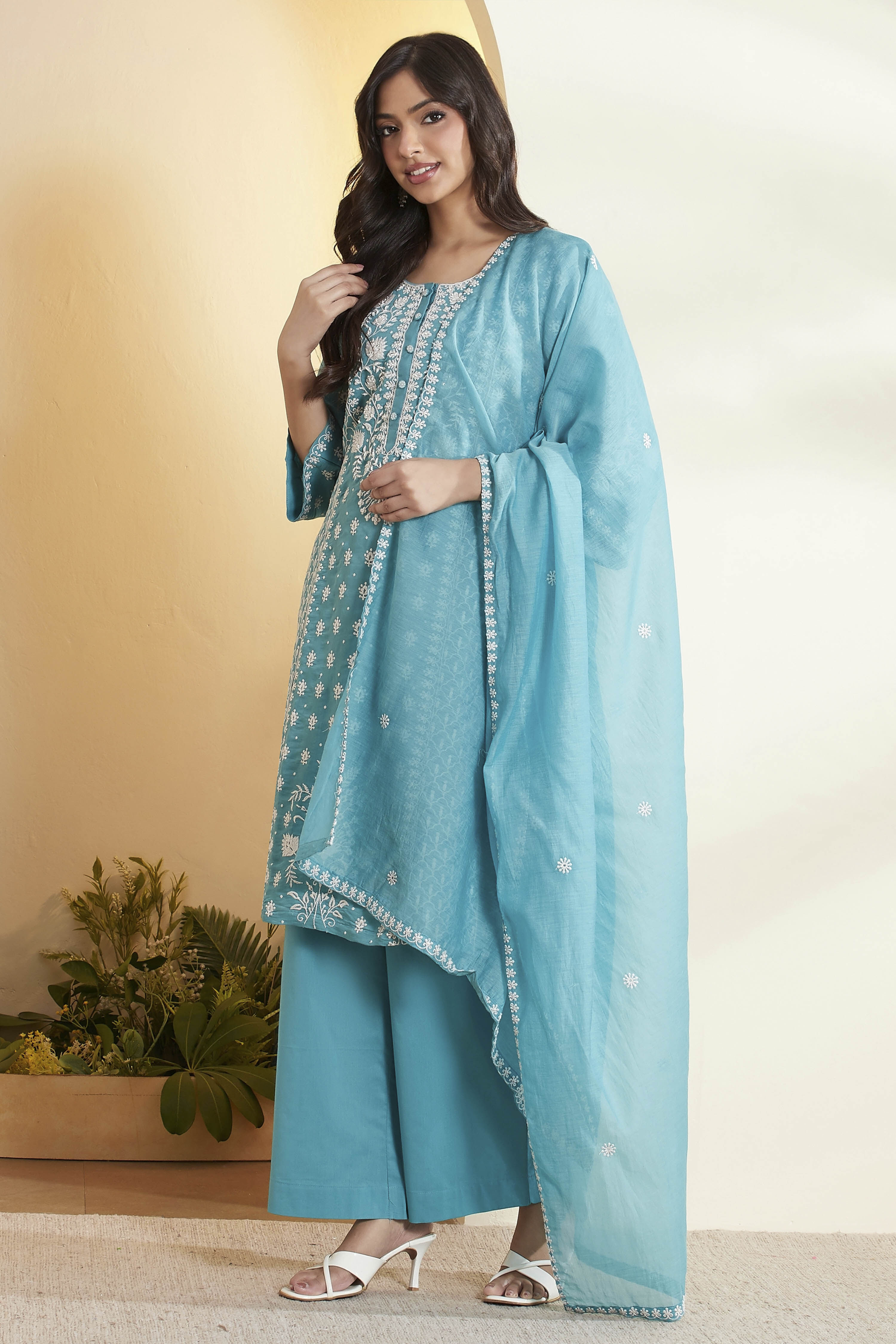 Teal Blue Viscose Blend Embroidered Straight Kurta Set image number 4