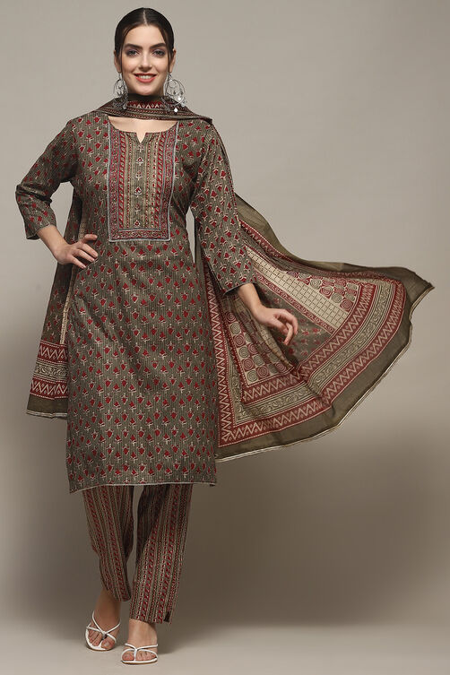 Green Cotton Unstitched Suit set image number 8