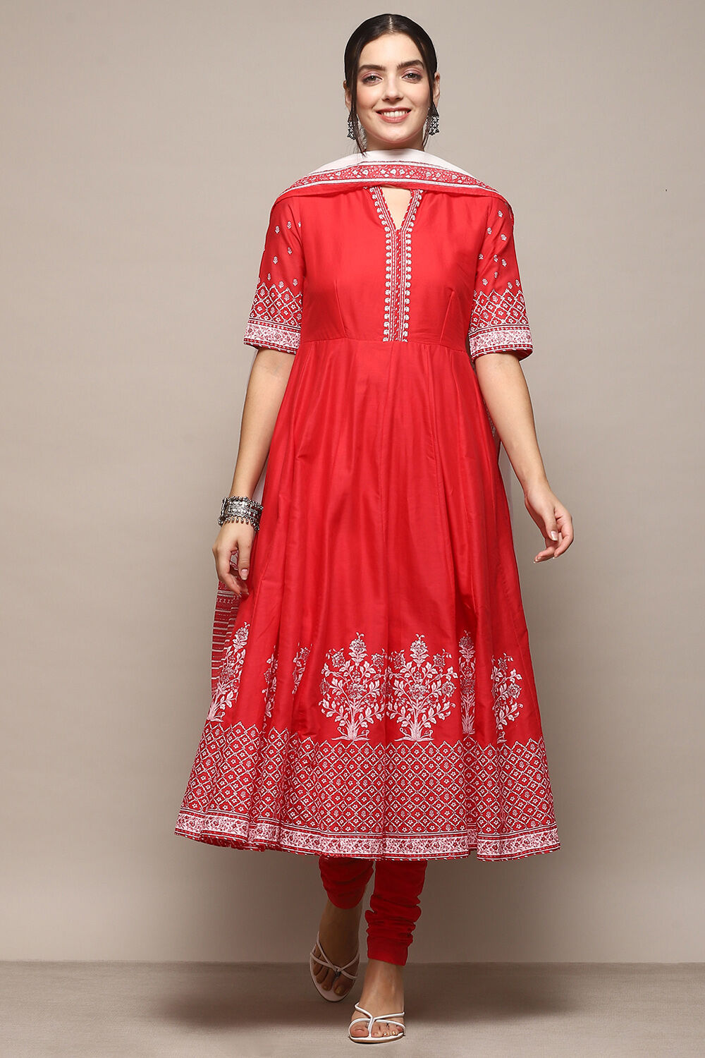 Red Cotton Anarkali Printed Kurta Churidar Suit Set image number 7