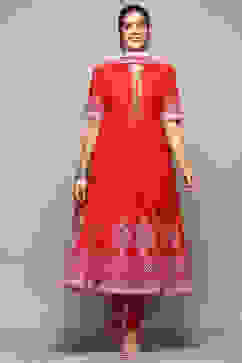Red Cotton Anarkali Printed Kurta Churidar Suit Set image number 7