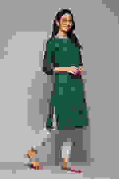 Green Cotton Straight Printed Kurta image number 3