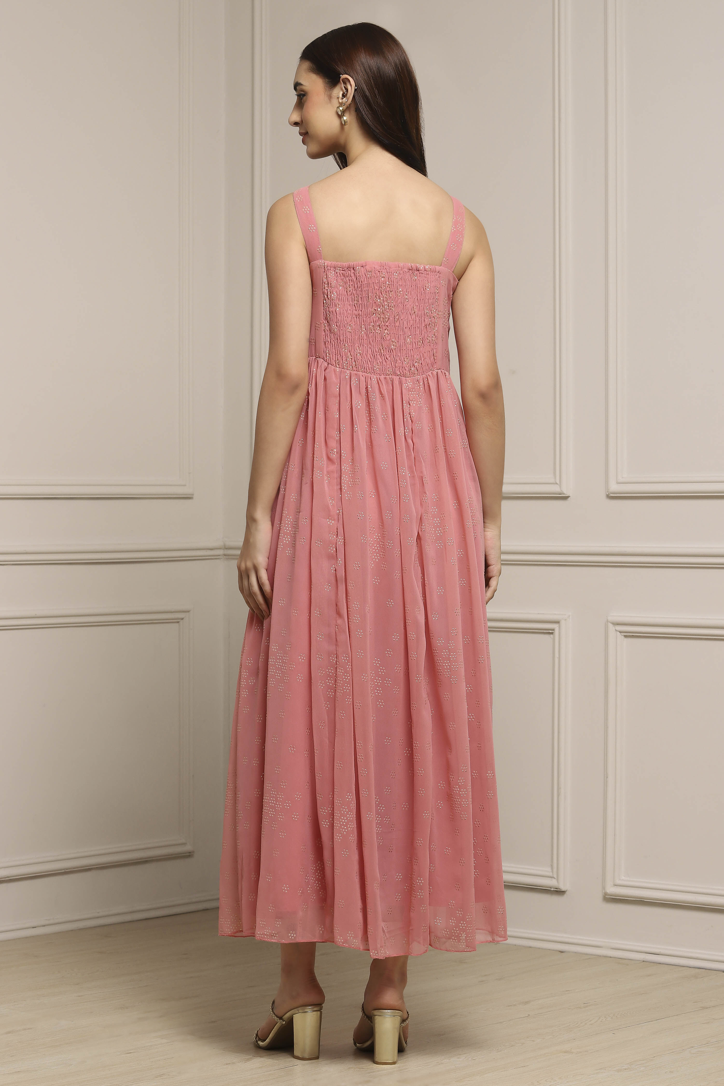 Blush Pink Polyester Flared Solid Dress image number 3