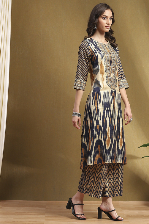 Beige Geometric Printed Asymmetric Kurta Set image number 5