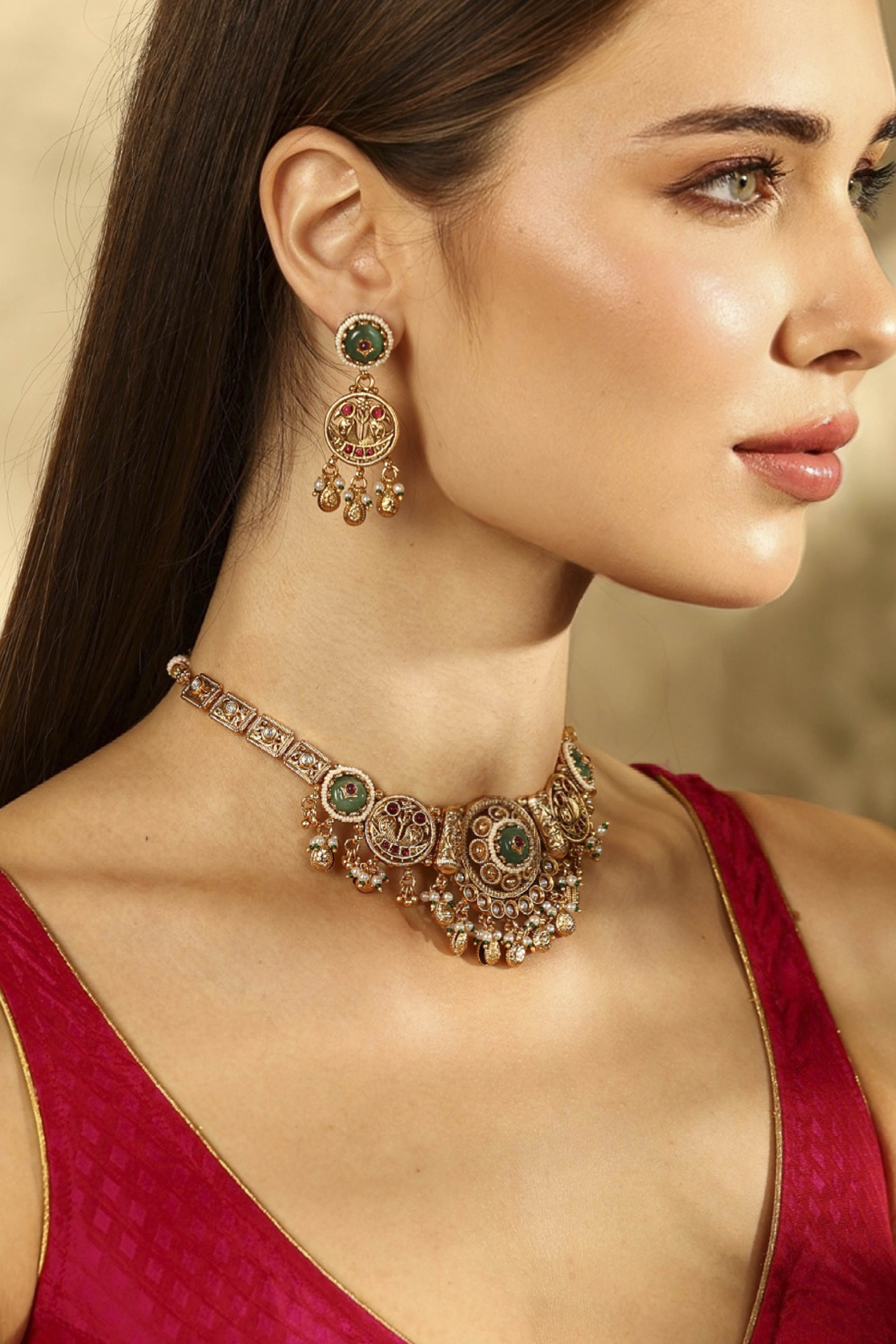 Mint Green Gold-Plated Brass Necklace Set image number 1