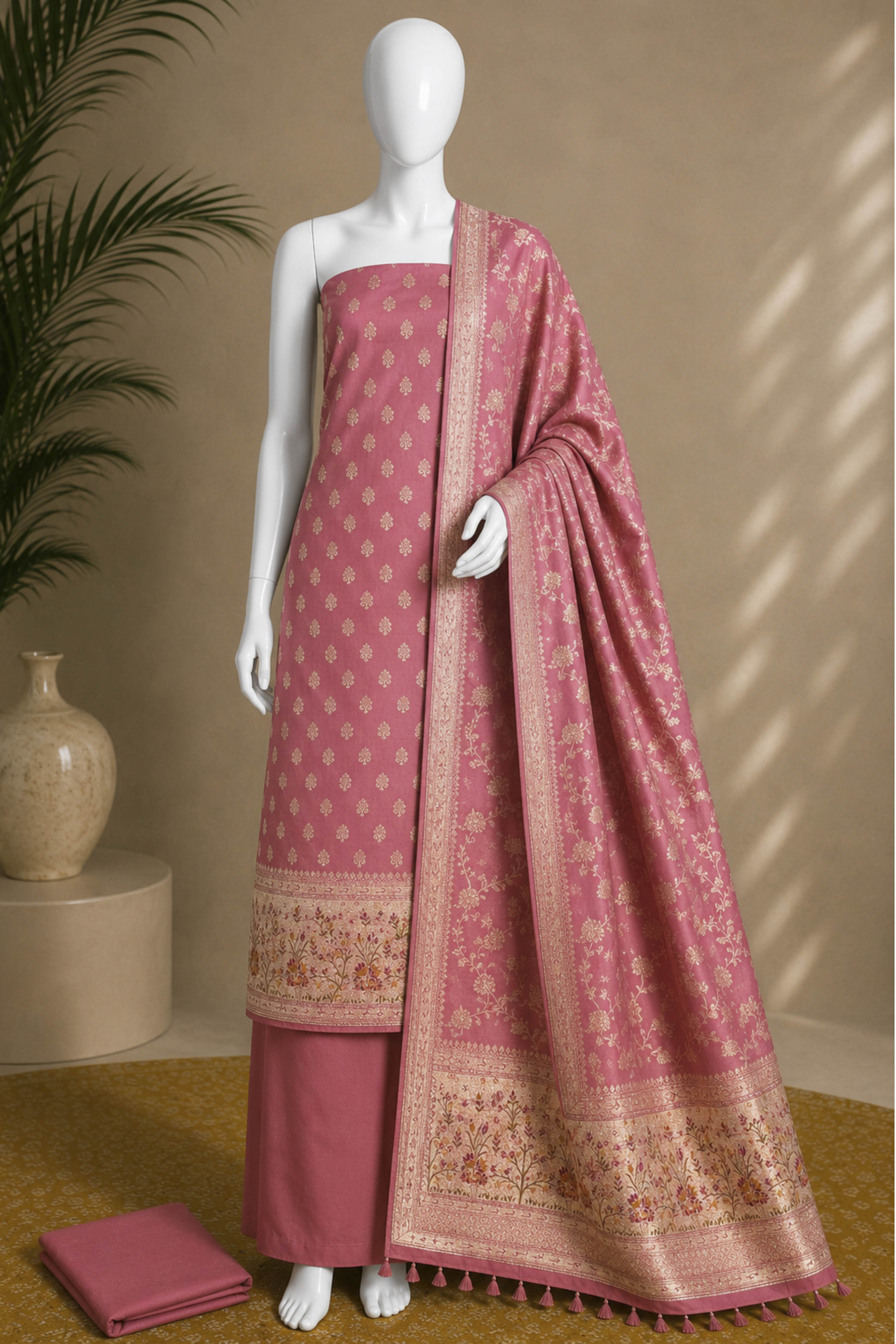 Pink Jacquard Printed Unstitched Suit Set image number 5