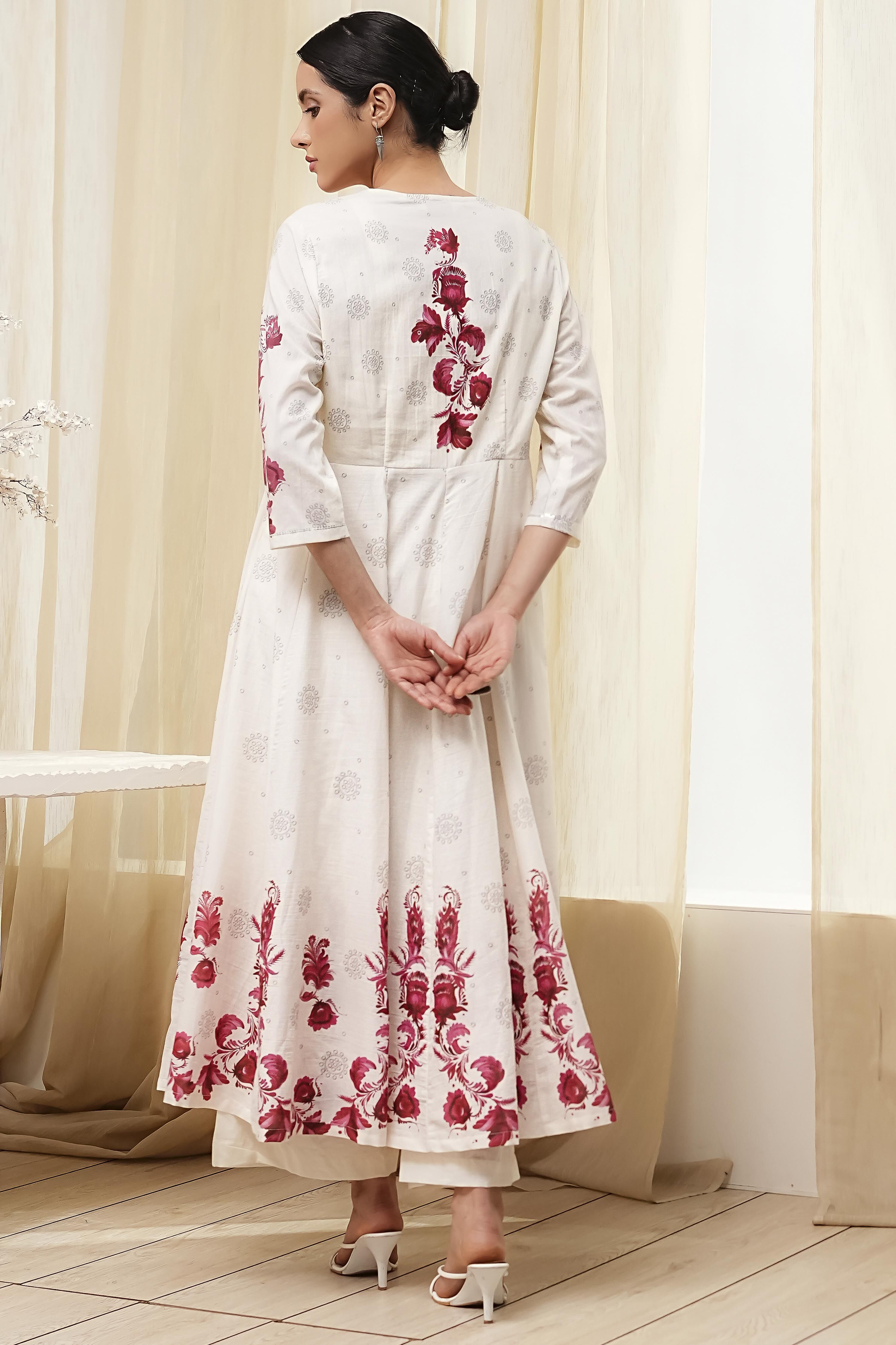 Off-White and Red Anarkali Fusion Set image number 4